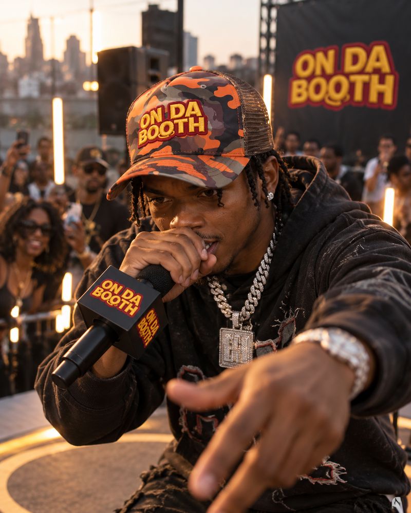Artist wearing the Orange Camo Cap
