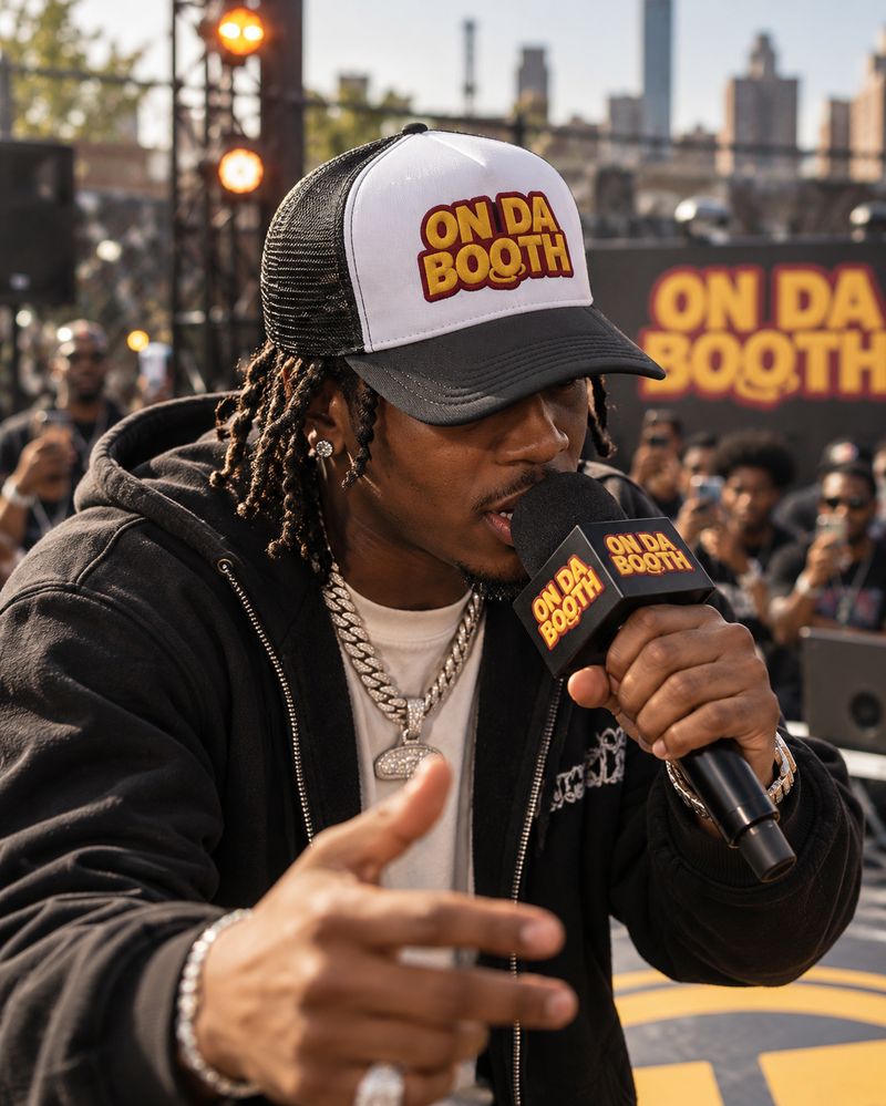 Artist wearing the Black Cap, White Front